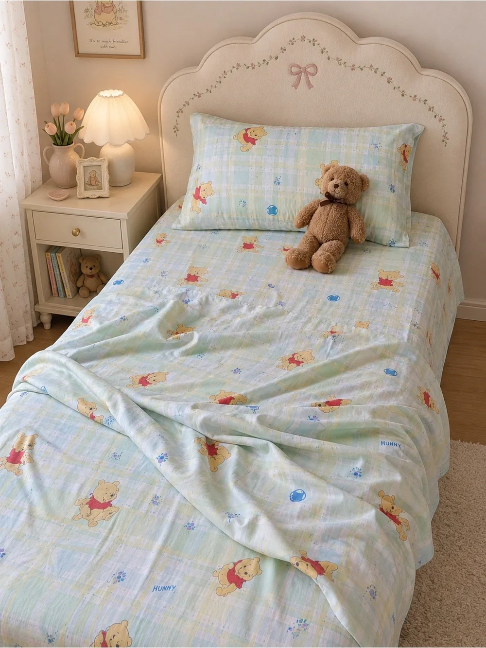 Vintage Winnie the Pooh Light Blue Kids Bedding Set / flat and fitted sheet only